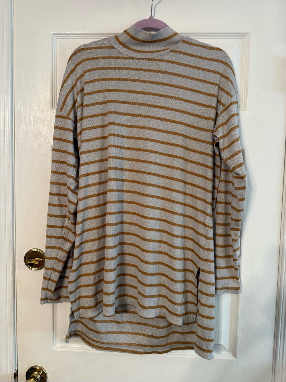 Anthropologie Gray and Gold Glittery Striped Turtleneck Sweater
